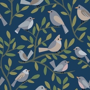 Birds on Branches - simple gray and brown birds on leafy branches - navy blue background - shw1035 b - medium scale