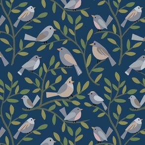 Birds on Branches - simple gray and brown birds on leafy branches - navy blue background - shw1035 b - large scale