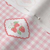 Strawberry Gingham Plaid Picnic, Watercolor Fruit Blossom by Pretty Festive Design PF130B