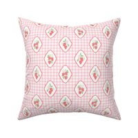 Strawberry Gingham Plaid Picnic, Watercolor Fruit Blossom by Pretty Festive Design PF130B