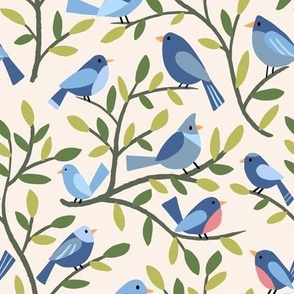 Birds on Branches - simple blue birds on leafy branches - cream background - shw1035 a - medium scale