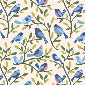 Birds on Branches - simple blue birds on leafy branches - cream background - shw1035 a - large scale