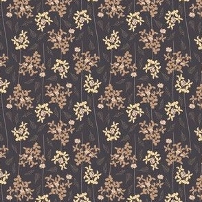 (S) whimsical yellow and brown flowers in lines with leaves on dark ebony