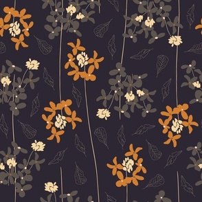 (M) whimsical orange and taupe flowers in lines with leaves on dark taupe