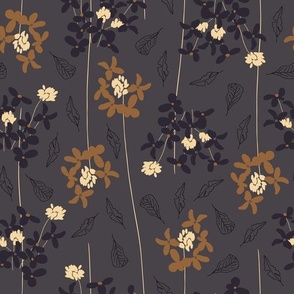 (M) whimsical copper and taupe flowers in lines with leaves on dark ebony