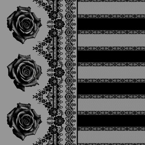 Black and Grey Rose Stripe Lace Border Print