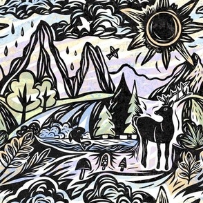 Landscape, deer, mountains, nature  and  sun. Black and white linocut