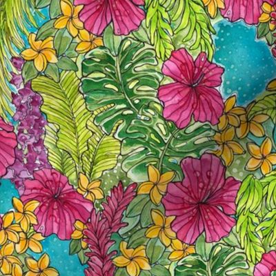 Batik bright Tropical Flowers and Leaves 