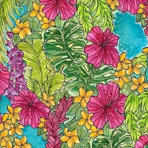 Batik bright Tropical Flowers and Leaves 