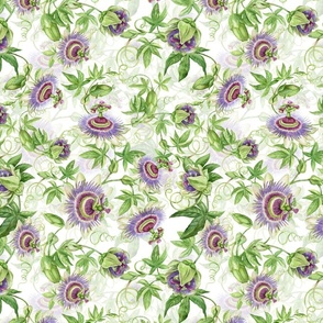 10" Exotic Watercolor Hand Painted Wildest Passionflowers Meadow-  white double layer-     for home decor Baby Girl and tropical nursery fabric perfect for kidsroom wallpaper,kids room