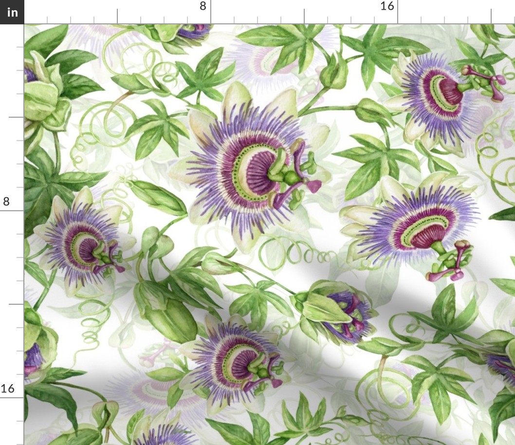 21"  Exotic Watercolor Hand Painted Wildest Passionflowers Meadow-  white double layer-     for home decor Baby Girl and tropical nursery fabric perfect for kidsroom wallpaper,kids room