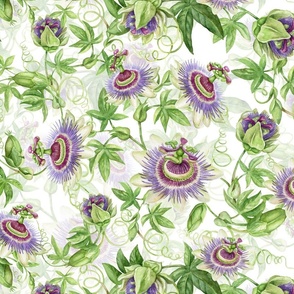 Turned left 21" Exotic Watercolor Hand Painted Wildest Passionflowers Meadow-  white double layer-     for home decor Baby Girl and tropical nursery fabric perfect for kidsroom wallpaper,kids room