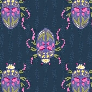 Floral Beetle - beautiful insect made of and decorated with flowers - bright colors on navy - shw1038 a - small scale