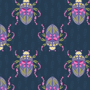 Floral Beetle - beautiful insect made of and decorated with flowers - bright colors on navy - shw1038 a - medium scale