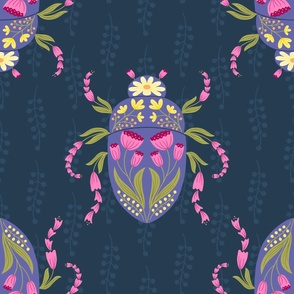 Floral Beetle - beautiful insect made of and decorated with flowers - bright colors on navy - shw1038 a - large scale