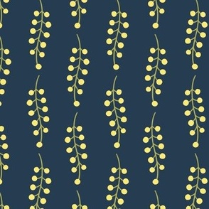 Berry Waves - clusters of bright yellow berries in sinuous waves - formal and symmetrical - navy blue - shw1040 a - small scale