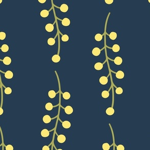 Berry Waves - clusters of bright yellow berries in sinuous waves - formal and symmetrical - navy blue - shw1040 a - large scale
