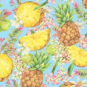 Vintage watercolor tropical pineapple fruit on blue