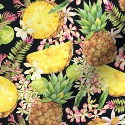 Vintage watercolor tropical pineapple fruit on black