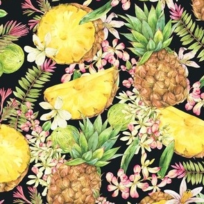 Vintage watercolor tropical pineapple fruit on black