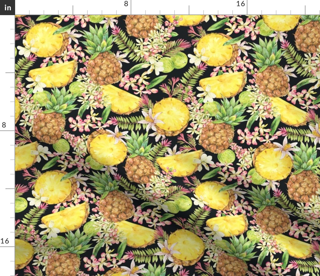 Vintage watercolor tropical pineapple fruit on black