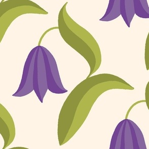 Bell Blossoms - Delicate Spring Flowers - snowdrop, bluebell, tulip, harebell - Purple on Cream Background - shw1021 a - large scale