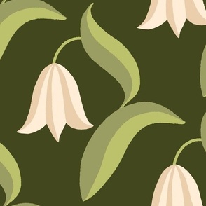 Bell Blossoms - Delicate Spring Flowers - snowdrop, bluebell, tulip, harebell - cream on green Background - shw1021 e - large scale