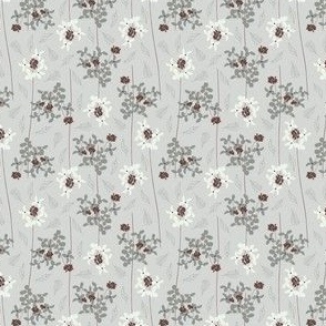 whimsical light and dark gray, marsala flowers (tiny) in lines with leaves on light grey