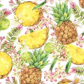 Vintage watercolor tropical pineapple fruit on white