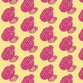 Bountiful Berries in Tropical Colors Pink Strawberries on Yellow Block Print Silhouette