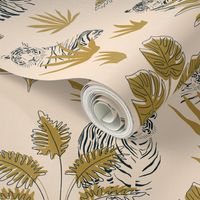 Tiger Vogue Oxford Blue Medium - Animal Prints, Safari, Tiger Stripes, Style, Glamour, Fashion, Jungle, Plants, Monstera Leaves, Botanical, Contemporary, Modern, Wallpaper, Home Decor Botanical, Clothing, Feature Wall, Statement Wall, Light Peach  