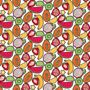Bright Colorful Outlined Tropical Fruit Tossed on White Ground Non Directional Food Medium