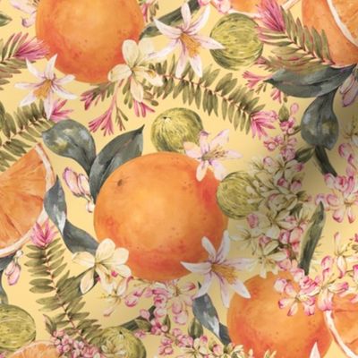 Vintage watercolor tropical orange fruit on yellow