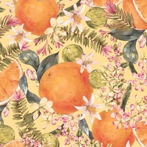 Vintage watercolor tropical orange fruit on yellow