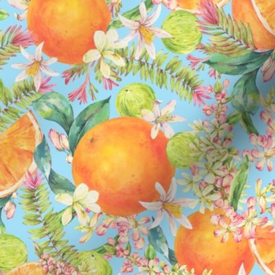 Vintage watercolor tropical orange fruit on blue