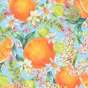 Vintage watercolor tropical orange fruit on blue