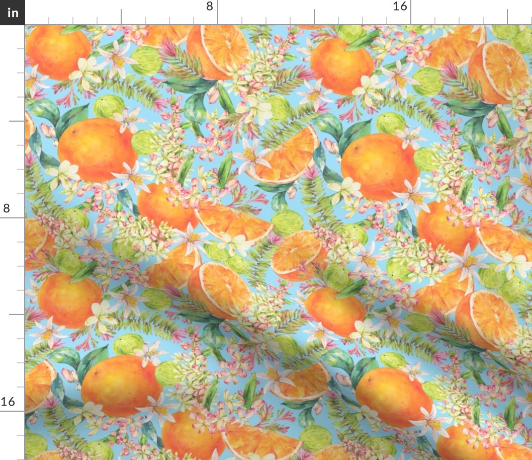 Vintage watercolor tropical orange fruit on blue