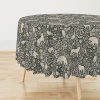 Woodland Forest Night - wolf, bear, fox, owl, rabbit, squirrel, crow, moth, snake - wildflowers - dark charcoal black and cream - medium