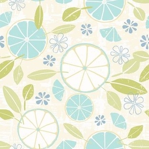 Textured Orange Slices, Flowers and Leaves_ navy blue, turquoise, lime green, taupe, white