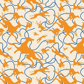 Off Leash  greyhound silhouettes in orange on cream background