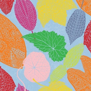 Block-Cut Tossed Leaves (Large) - Bright Colors on Light Blue   (TBS123)