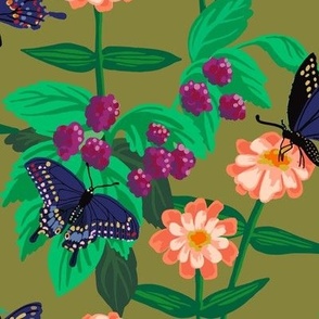 Butterflies Raspberries and zinnias on olive background