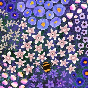Bumblebees on wild blue meadow. Ditsy. Non directional wallpaper. Big scale.