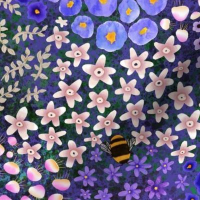 Bumblebees on wild blue meadow. Ditsy. Non directional wallpaper.