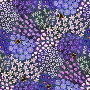 Bumblebees on wild blue meadow. Ditsy. Non directional wallpaper.