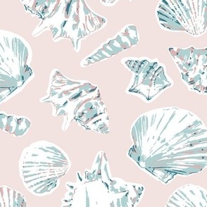 (L) Sea shells in fresh blue on light pink in Large scale