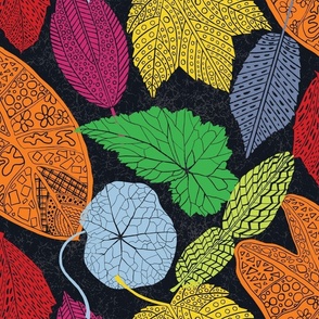 Block-Cut Tossed Leaves (Medium) - Bright Colors on Black   (TBS123)