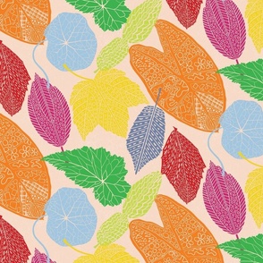 Block-Cut Tossed Leaves (Large) - Bright Colors on Pale Pink  (TBS123)