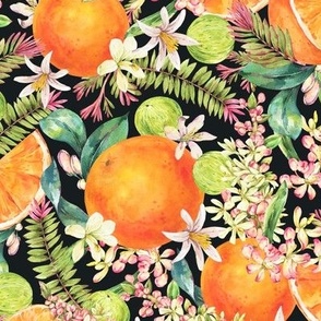Vintage watercolor tropical orange fruit on black
