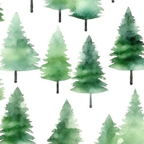 Simple Green Watercolor Pine Tree Pattern on White Background